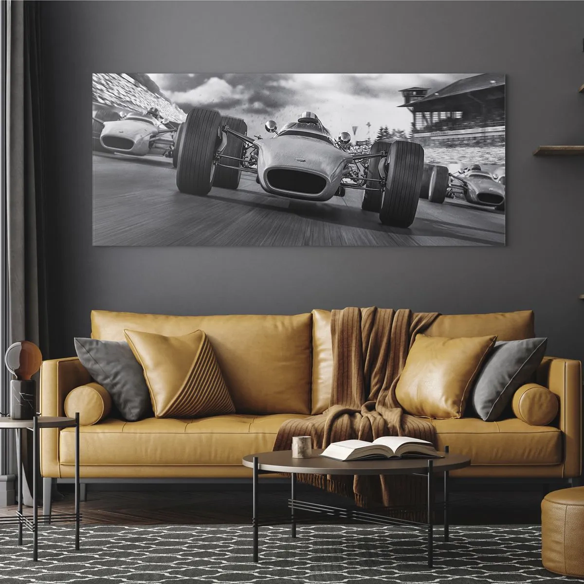 Glasbild - Bild auf glas - Oldtimerrennen in Bewegung - 160x50cm - Power ist da! - Moderne Wanddekoration für Wohnzimmer und Schlafzimmer ARTTOR