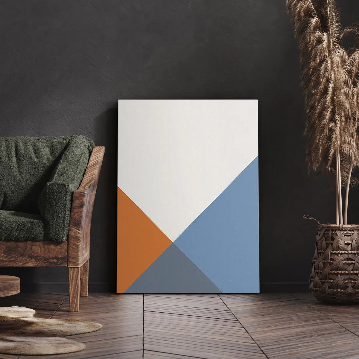Bild auf Leinwand - Leinwandbild - Geometrische Dreiecke in Blau- und Orangetönen - 50x70cm - In einem Winkel… - Moderne Wanddekoration für Wohnzimmer und Schlafzimmer ARTTOR