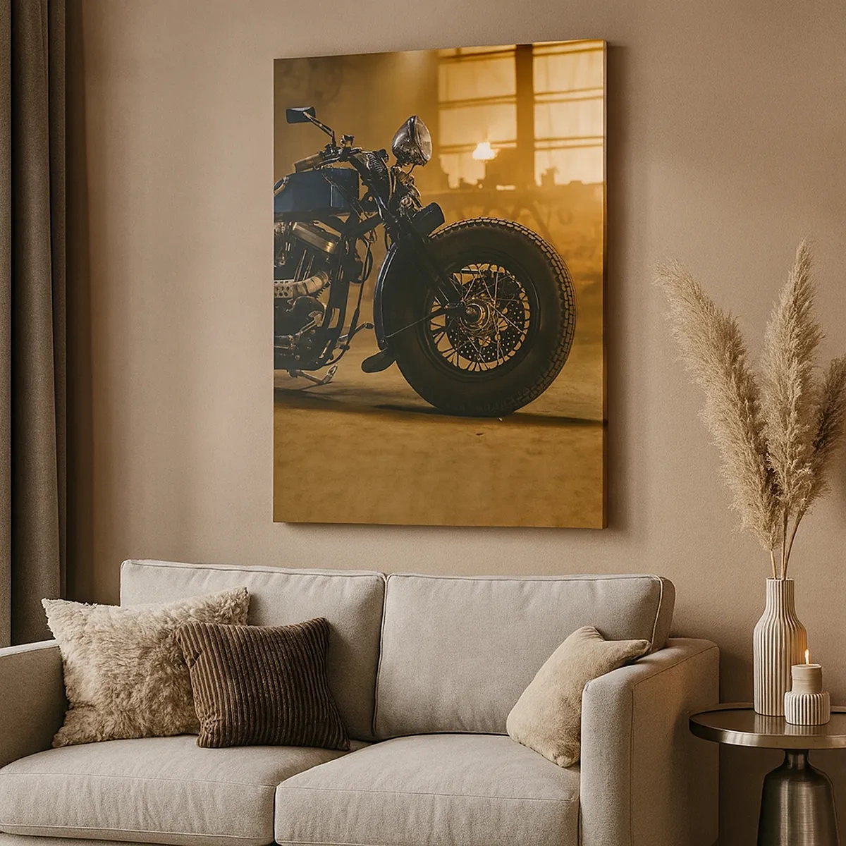 Bild auf Leinwand - Leinwandbild - Ein stylisches Motorrad in einem industriellen Interieur mit warmer Beleuchtung - 50x70cm - Ich kann alles - Moderne Wanddekoration für Wohnzimmer und Schlafzimmer ARTTOR