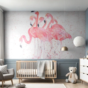 Maßgeschneiderte Fototapete Premium Sand - Rosa Ensemble - Flamingos, Vögel, Grafik