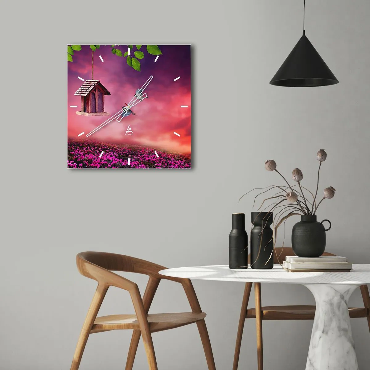 Wanduhr - Glasuhr - Eine malerische Landschaft mit einem Vogelhaus und einem Sonnenuntergang - 30x30cm - Einladung zum Abendessen - Moderne Wanddekoration für Wohnzimmer und Schlafzimmer ARTTOR