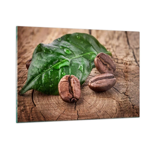Glasbild - Bild auf glas - Kaffeebohnen auf einem Blatt und Holzhintergrund - 120x80cm - Der wahrste und schwarze - Moderne Wanddekoration für Wohnzimmer und Schlafzimmer ARTTOR