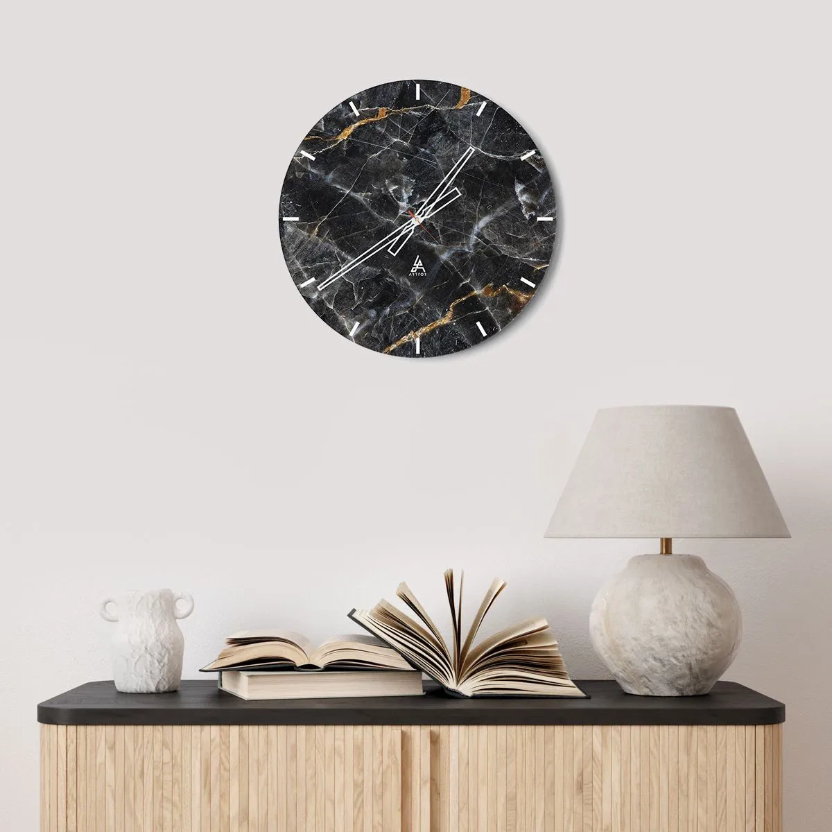Wanduhr - Glasuhr - Schwarze Marmorstruktur mit hellen und goldenen Adern - 30x30cm - Das Innenleben des Steins - Moderne Wanddekoration für Wohnzimmer, Küche und Schlafzimmer ARTTOR
