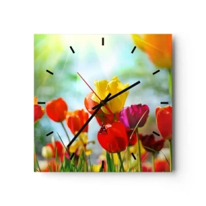 Wanduhr - Glasuhr - Bunte Tulpen im Sonnenschein - 30x30cm - Alle Farben der Sonne - Moderne Wanddekoration für Wohnzimmer und Schlafzimmer ARTTOR