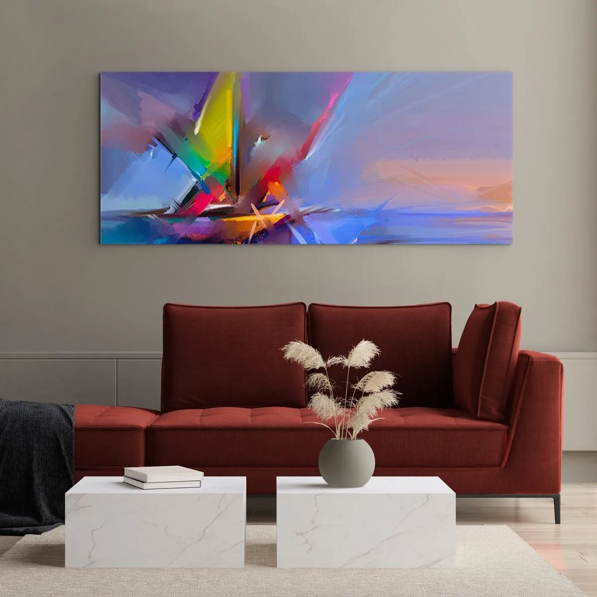 Glasbild - Bild auf glas - Abstrakte Komposition mit intensiven Farben - 120x50cm - Propeller wie ein Vogel - Moderne Wanddekoration für Wohnzimmer und Schlafzimmer ARTTOR