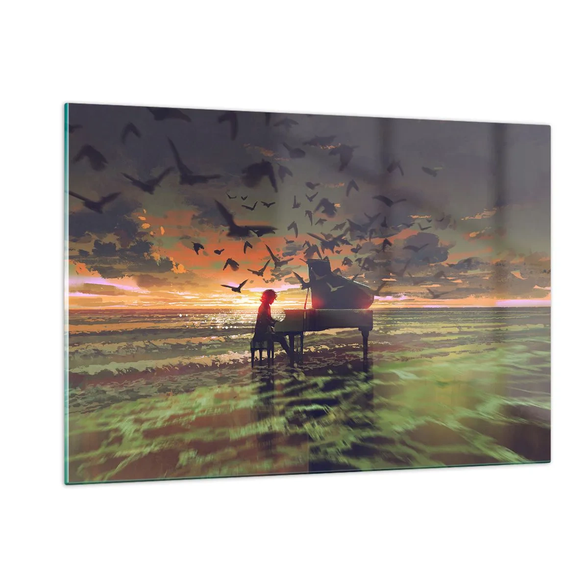 Glasbild - Bild auf glas - Pianist spielt Klavier am Strand bei Sonnenuntergang - 120x80cm - Konzert für Klavier und Wellen - Moderne Wanddekoration für Wohnzimmer und Schlafzimmer ARTTOR