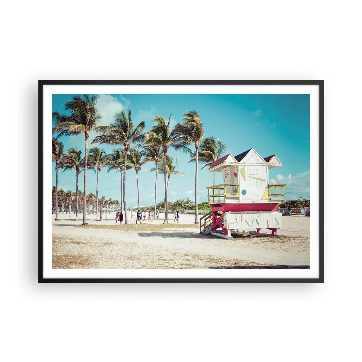 Poster in einem schwarzem Rahmen - Ein Strand mit Palmen und einem Rettungsschwimmerturm im Hintergrund - 100x70cm - Dir steht ein schöner Tag bevor - Moderne Wanddekoration für Wohnzimmer und Schlafzimmer ARTTOR