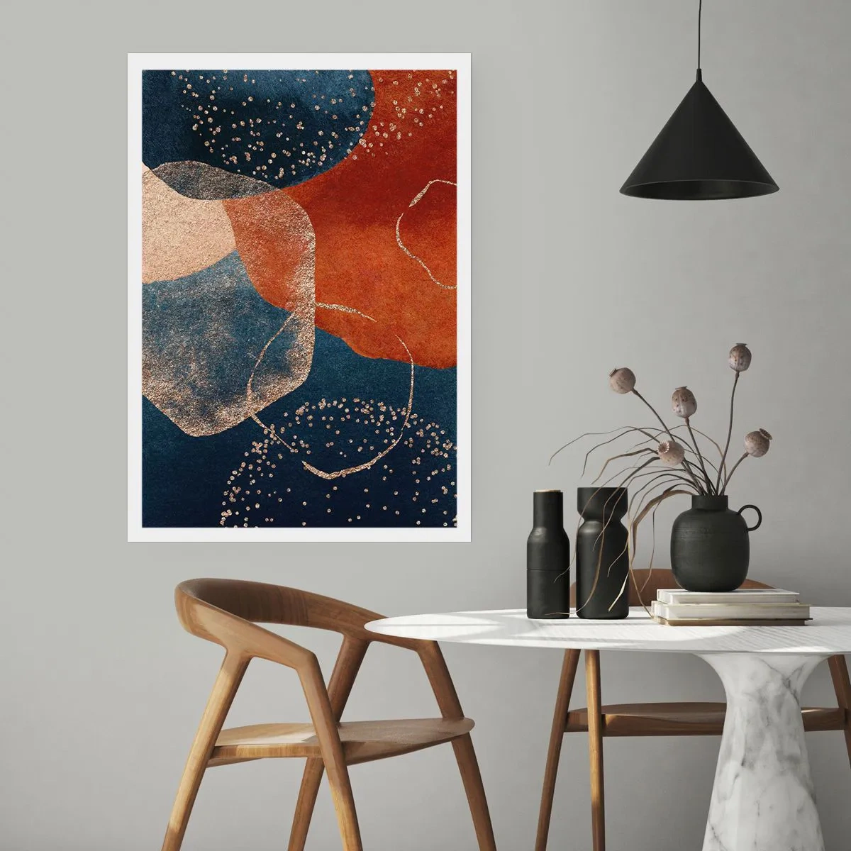 Poster - Eine abstrakte Komposition in Marineblau- und Goldtönen - 50x70cm - Die Leichtigkeit des Seins - Moderne Wanddekoration für Wohnzimmer und Schlafzimmer ARTTOR