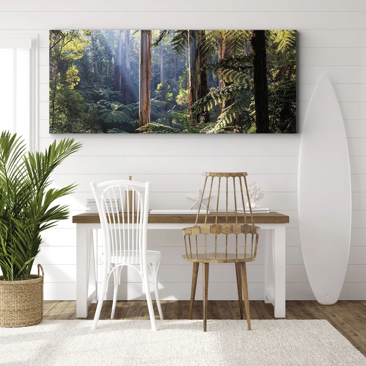 Bild auf Leinwand - Leinwandbild - Tropischer Wald, beleuchtet von den Sonnenstrahlen - 160x50cm - Ein Waldmärchen - Moderne Wanddekoration für Wohnzimmer und Schlafzimmer ARTTOR