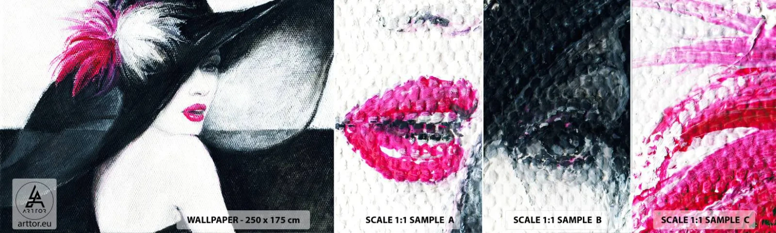 Fototapeten Muster Selbstklebend Deluxe Sticker - Immer ein Geheimnis - Frau, In, A, Hat, Das Gesicht einer Frau, rote Lippen - 100x30 cm