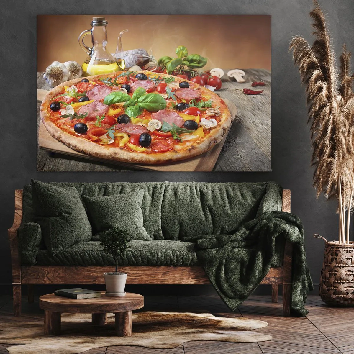Bild auf Leinwand - Leinwandbild - Appetitliche Pizza auf einem Holztisch mit Belag - 70x50cm - Mit echtem italienischem Flair - Moderne Wanddekoration für Wohnzimmer und Schlafzimmer ARTTOR