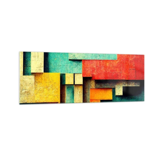 Glasbild - Bild auf glas - Abstrakte geometrische Formen in leuchtenden Farben - 140x50cm - Festival der rechten Winkel - Moderne Wanddekoration für Wohnzimmer und Schlafzimmer ARTTOR