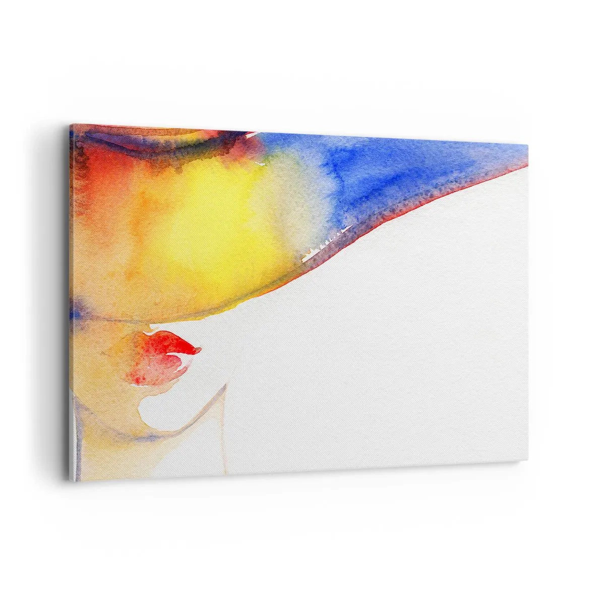 Bild auf Leinwand - Leinwandbild - Ein minimalistisches Aquarellgemälde des Profils einer Frau mit einem bunten Hut. - 100x70cm - Bildnis einer Dame - Moderne Wanddekoration für Wohnzimmer und Schlafzimmer ARTTOR