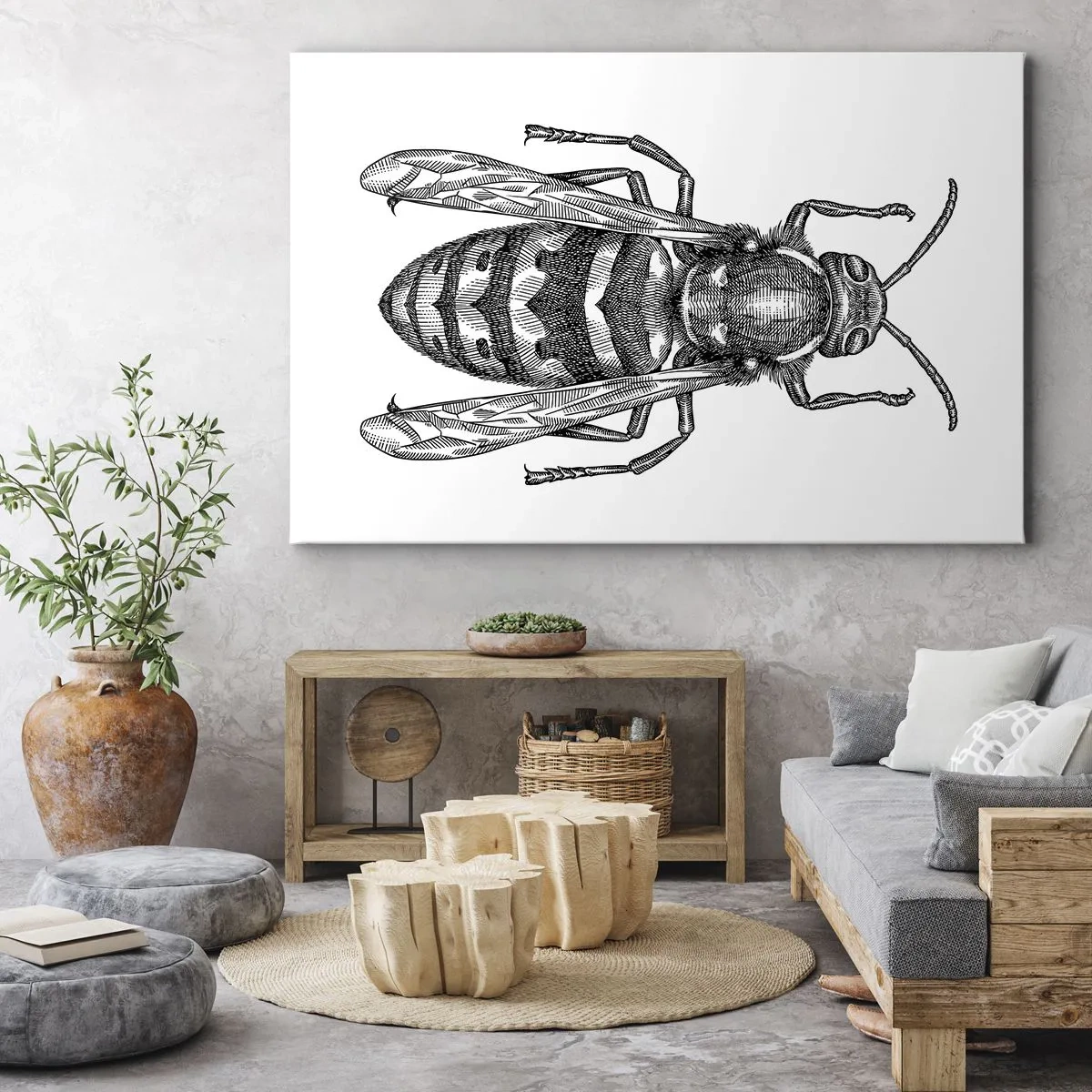 Bild auf Leinwand - Leinwandbild - Ein Cartoon-Wespenmotiv auf weißem Hintergrund im minimalistischen Stil. - 70x50cm - Von einem Insektenplaneten - Moderne Wanddekoration für Wohnzimmer und Schlafzimmer ARTTOR