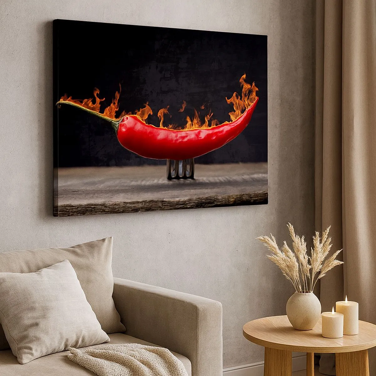 Bild auf Leinwand - Leinwandbild - Feurige rote Paprika auf einer Gabel - 70x50cm - Eine feurige Vorspeise - Moderne Wanddekoration für Wohnzimmer und Schlafzimmer ARTTOR