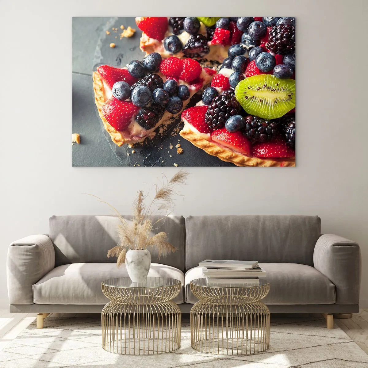 Glasbild - Bild auf glas - Obsttorte mit Blaubeeren, Kiwi und Erdbeeren - 70x50cm - Dolce Vita! - Moderne Wanddekoration für Wohnzimmer und Schlafzimmer ARTTOR
