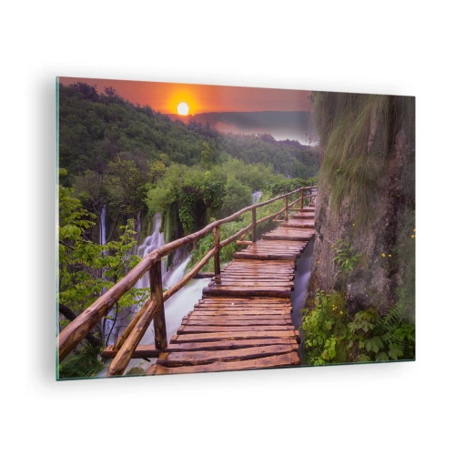 Glasbild - Bild auf glas - Ein Holzweg im Grünen bei Sonnenuntergang - 70x50cm - Schönheit jenseits des Glaubens - Moderne Wanddekoration für Wohnzimmer und Schlafzimmer ARTTOR