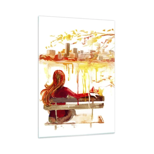 Glasbild - Bild auf glas - Eine Figur auf einer Bank mit Blick auf die Stadt in Aquarell - 50x70cm - Ein Moment der Besinnung - Moderne Wanddekoration für Wohnzimmer und Schlafzimmer ARTTOR