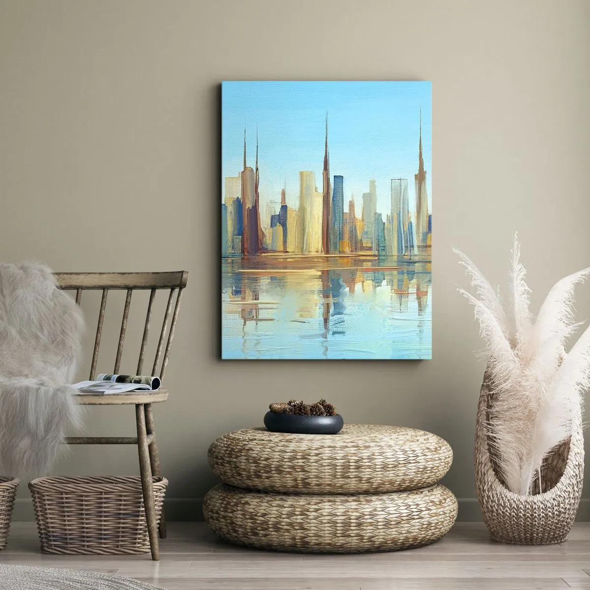 Bild auf Leinwand - Leinwandbild - Ein Panorama der Stadt in warmen Farben mit Spiegelung im Wasser - 70x100cm - Sonnige Metropole - Moderne Wanddekoration für Wohnzimmer und Schlafzimmer ARTTOR