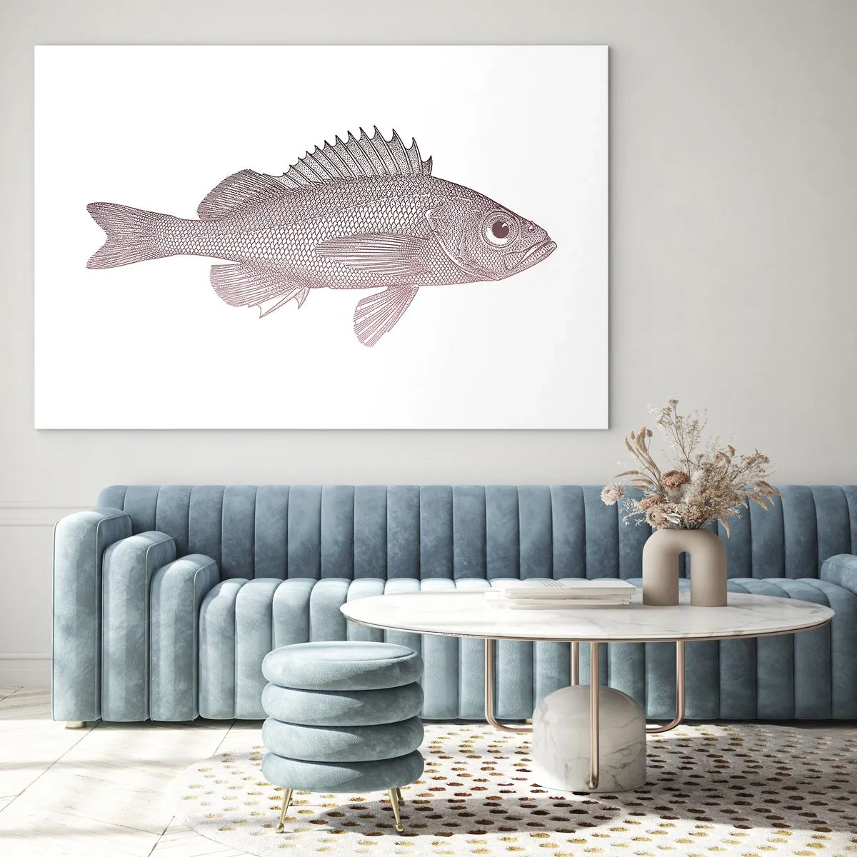 Glasbild - Bild auf glas - Grafik eines Fisches mit großem Auge im Retro-Stil auf weißem Hintergrund - 120x80cm - Großäugiger Fisch - Moderne Wanddekoration für Wohnzimmer und Schlafzimmer ARTTOR