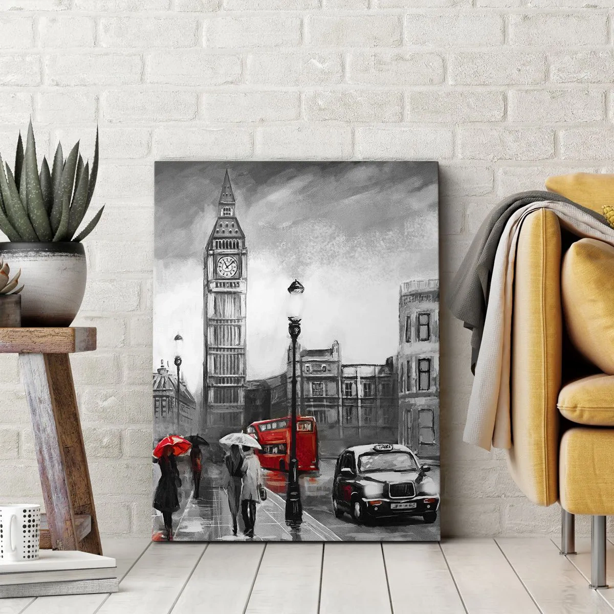 Bild auf Leinwand - Leinwandbild - Eine Londoner Szene in Schwarzweiß mit roten Akzenten - 80x120cm - Gar keine graue Stadt - Moderne Wanddekoration für Wohnzimmer und Schlafzimmer ARTTOR