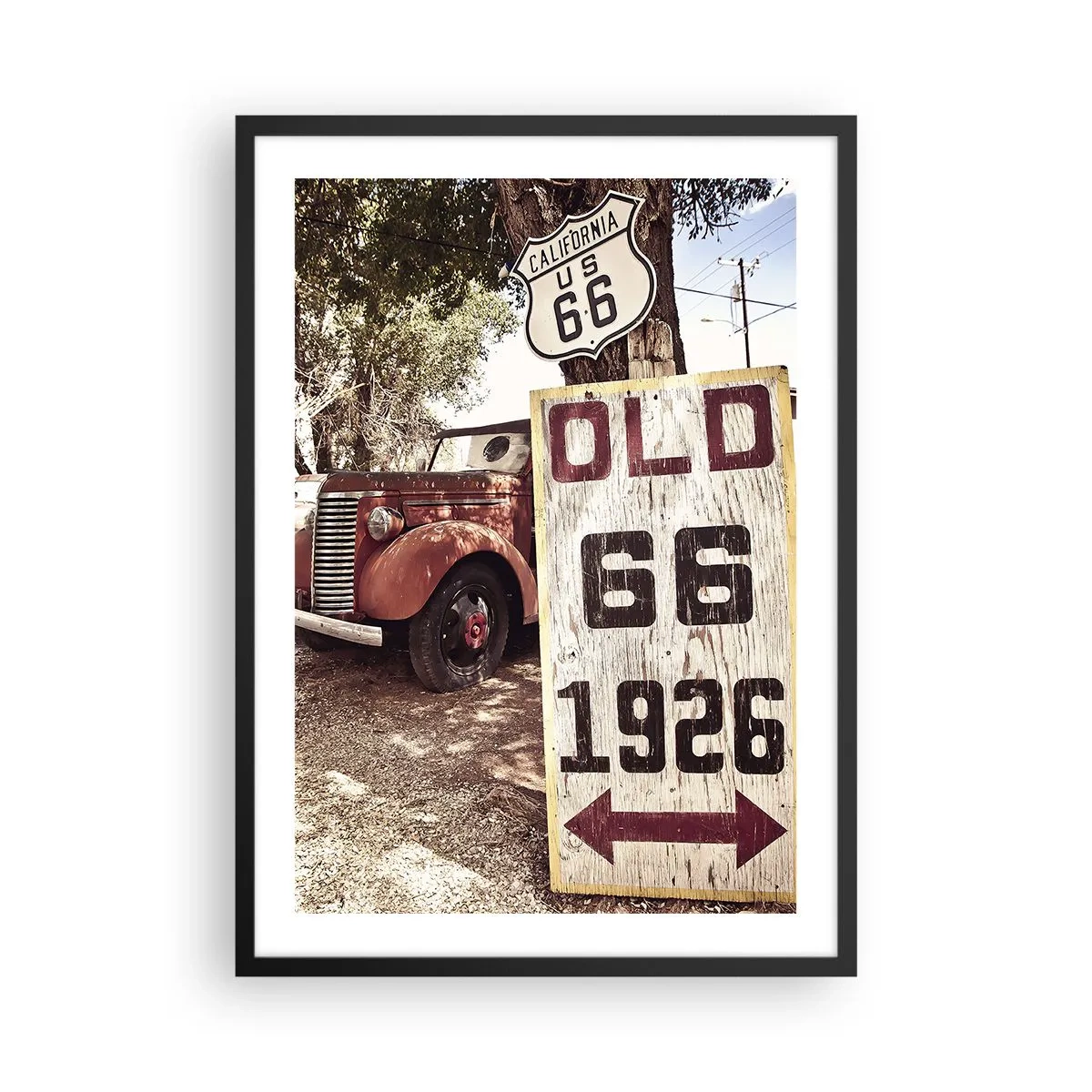 Poster in einem schwarzem Rahmen - Oldtimer am Route 66-Schild - 50x70cm - Die Legende der amerikanischen Provinz - Moderne Wanddekoration für Wohnzimmer und Schlafzimmer ARTTOR