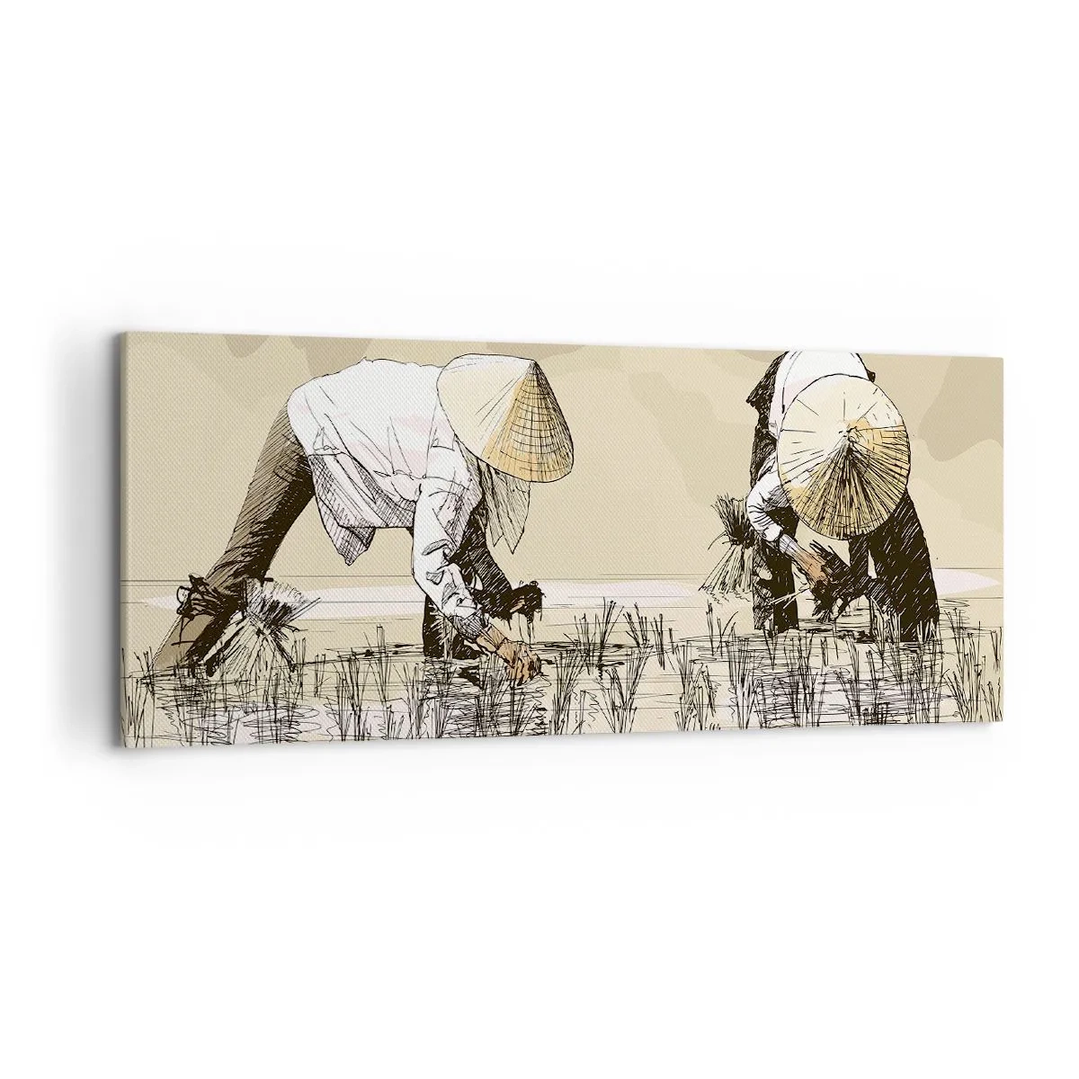 Bild auf Leinwand - Leinwandbild - Bauern bei der Arbeit auf einem Reisfeld mit traditioneller Kopfbedeckung - 120x50cm - Erfolgreiche Ernte - Moderne Wanddekoration für Wohnzimmer und Schlafzimmer ARTTOR