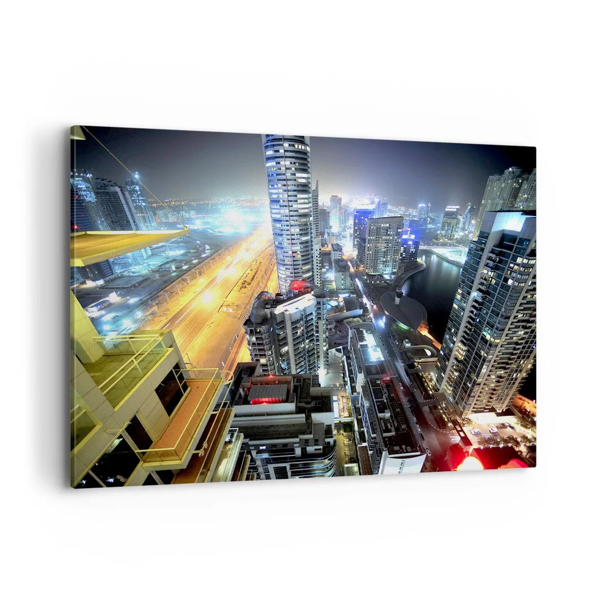 Bild auf Leinwand - Leinwandbild - Panorama der nächtlichen Stadt mit beleuchteten Wolkenkratzern - 120x80cm - Ein Wunder in der Wüste - Moderne Wanddekoration für Wohnzimmer und Schlafzimmer ARTTOR