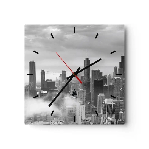 Wanduhr - Glasuhr - Stadtpanorama mit Wolkenkratzern in den Wolken in Schwarzweiß - 30x30cm - Amerikanische Landschaft - Moderne Wanddekoration für Wohnzimmer und Schlafzimmer ARTTOR