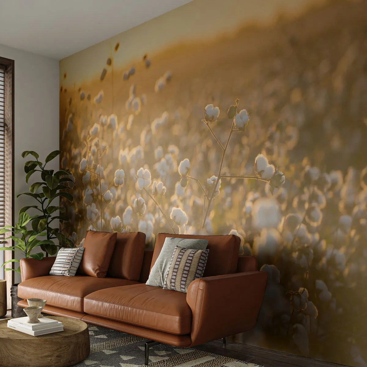 Fototapete Premium Canvas - Ein Baumwollfeld im warmen Licht der untergehenden Sonne - 100x70cm - Fluffiges Feld - Moderne Wanddekoration für Wohnzimmer und Schlafzimmer ARTTOR