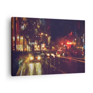 Bild auf Leinwand - Leinwandbild - Nachtszene in der Stadt mit bunten Lichtern und Straßenreflexionen - 70x50cm - Eingetaucht in die Lichter der Nacht - Moderne Wanddekoration für Wohnzimmer und Schlafzimmer ARTTOR