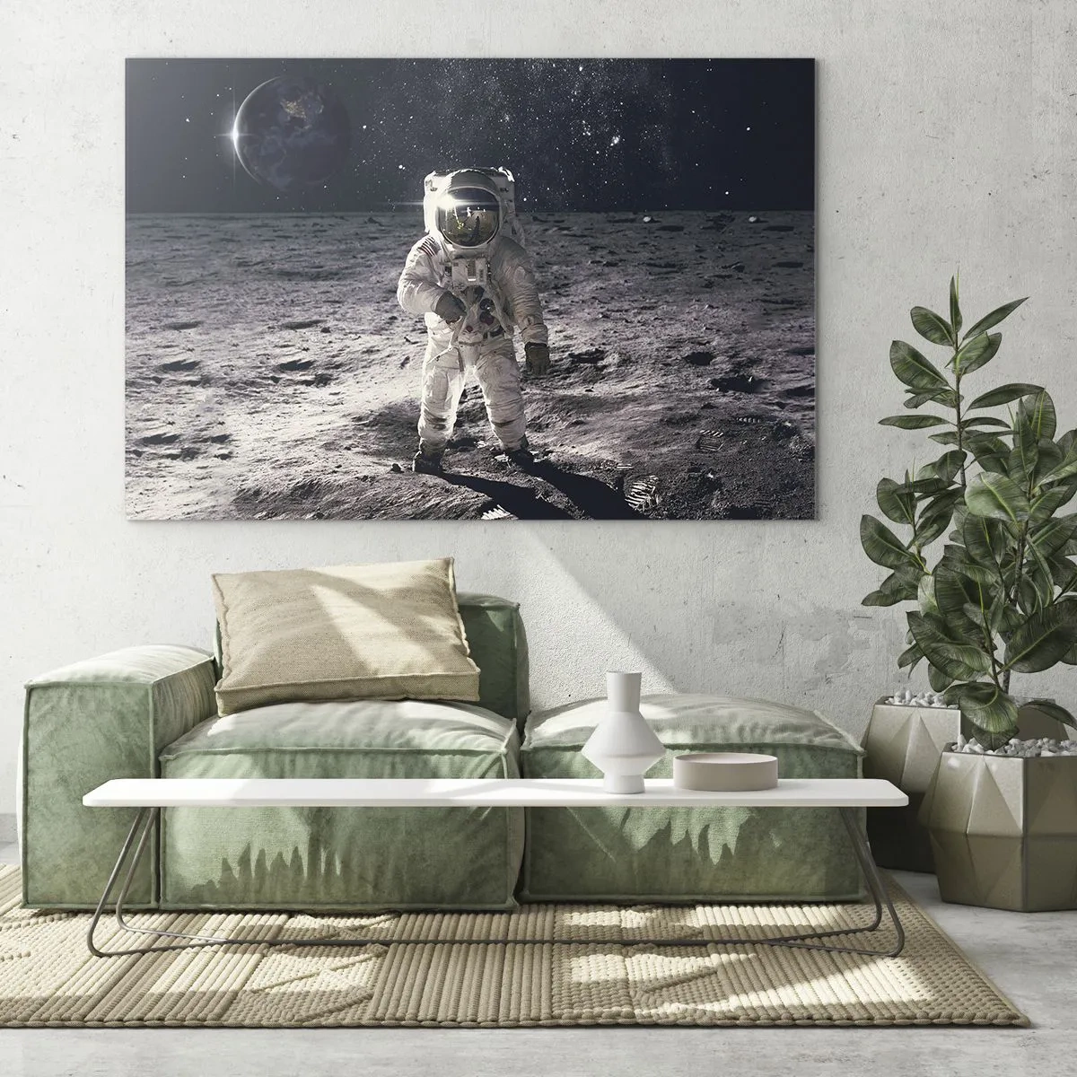 Glasbild - Bild auf glas - Astronaut auf der Mondoberfläche mit der Erde im Hintergrund - 70x50cm - Grüße vom Mond - Moderne Wanddekoration für Wohnzimmer und Schlafzimmer ARTTOR