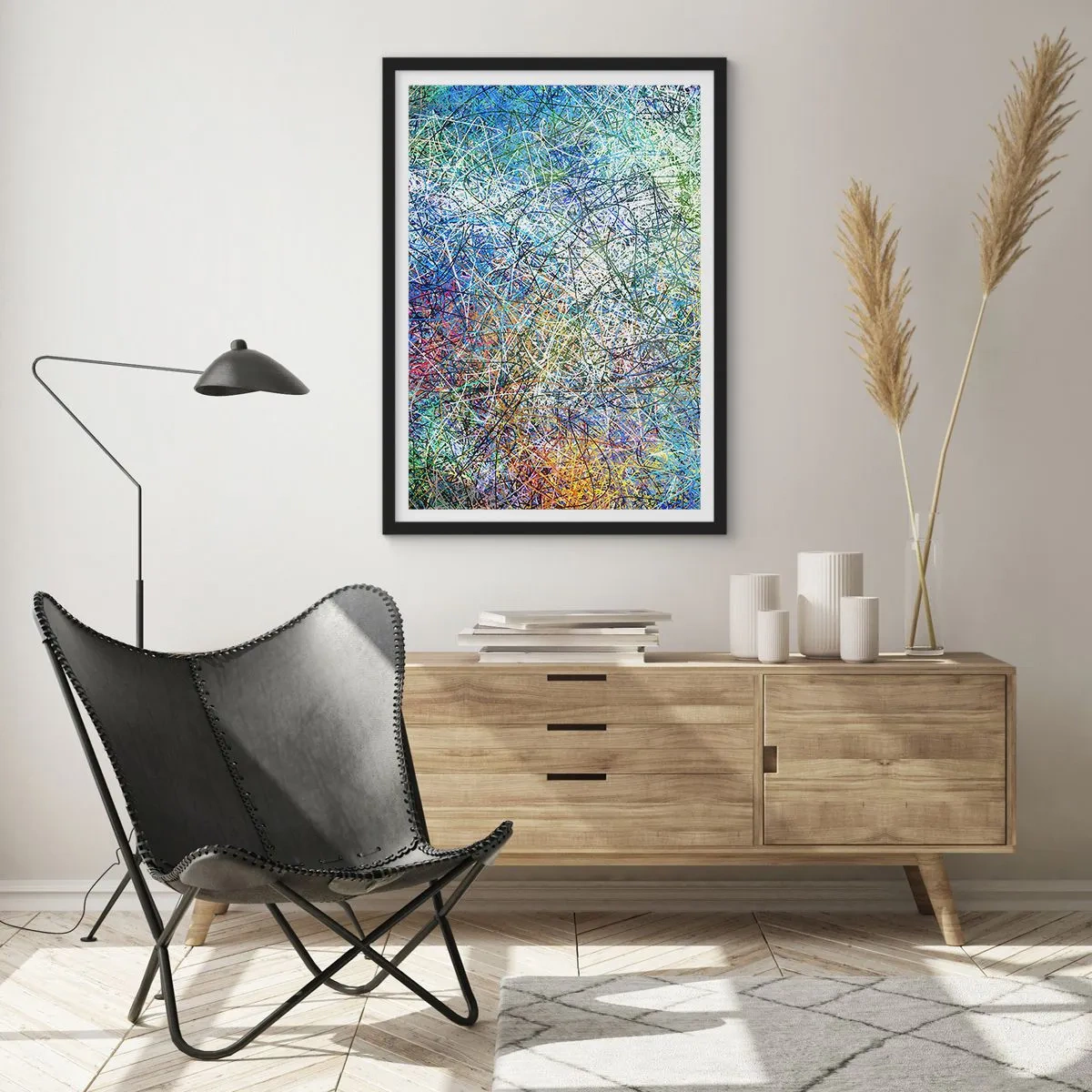 Poster in einem schwarzem Rahmen - Farbenfrohe Abstraktion mit dynamischen Linien und Blautönen - 50x70cm - Es ist nicht so einfach - Moderne Wanddekoration für Wohnzimmer und Schlafzimmer ARTTOR