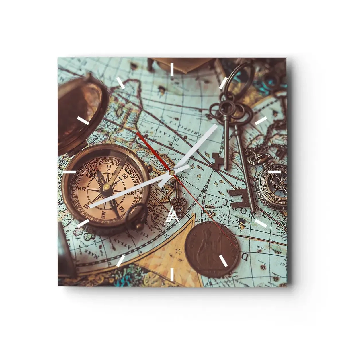 Wanduhr - Glasuhr - Komposition mit Kompass, Schlüsseln und einer alten Karte im Retro-Stil - 30x30cm - Für den Abenteurer - Moderne Wanddekoration für Wohnzimmer und Schlafzimmer ARTTOR