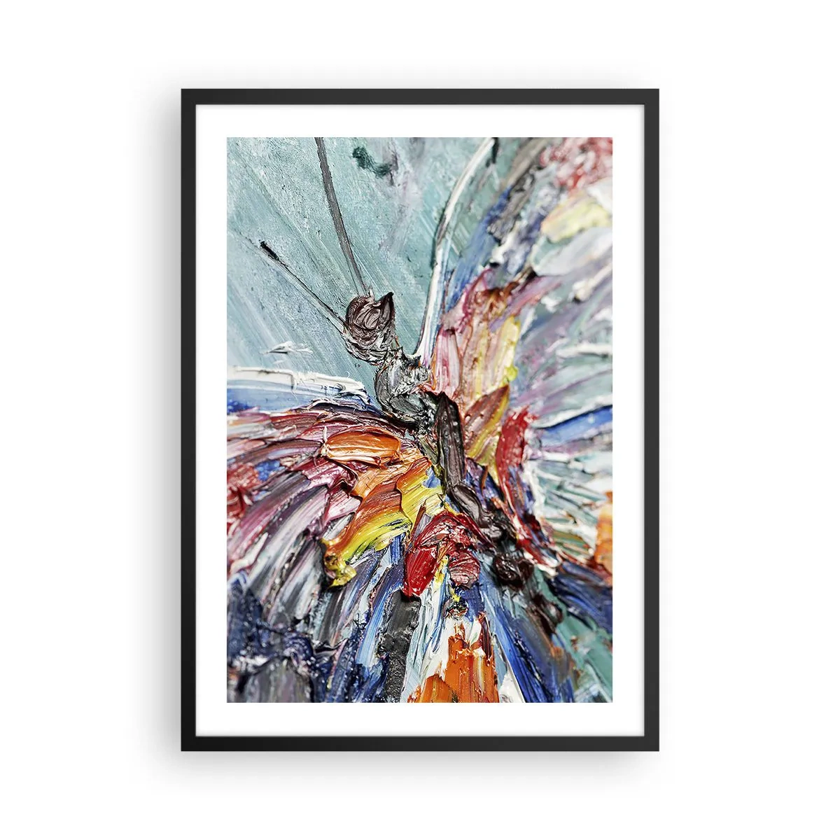 Poster in einem schwarzem Rahmen - Ein abstrakter Schmetterling in intensiven Farben und Texturen. - 50x70cm - Von der Natur gemalt - Moderne Wanddekoration für Wohnzimmer und Schlafzimmer ARTTOR