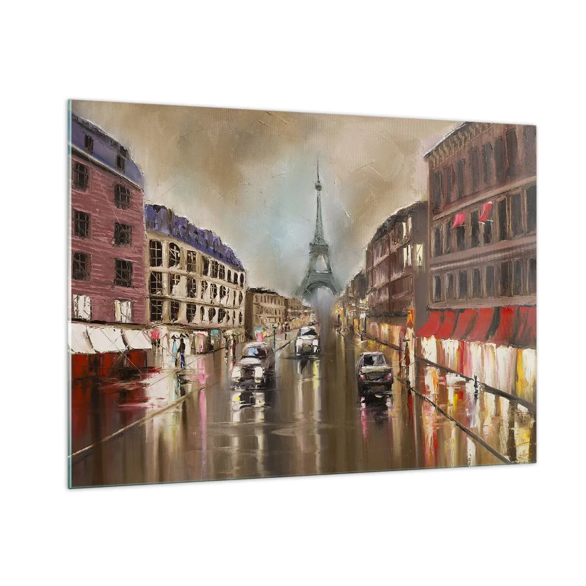 Glasbild - Bild auf glas - Abendliche Straße von Paris mit Blick auf den Eiffelturm - 100x70cm - Nur sie zählt - Moderne Wanddekoration für Wohnzimmer und Schlafzimmer ARTTOR