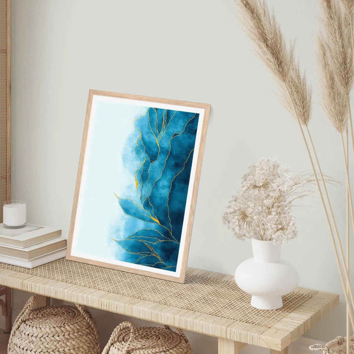 Poster in einem Rahmen aus heller Eiche - Blau im Gold - 30x40 cm