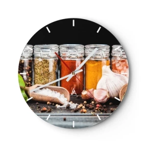 Wanduhr - Glasuhr - Bunte Gewürze in Gläsern und Küchenzubehör - 30x30cm - Für einen Geschmack des Lebens - Moderne Wanddekoration für Wohnzimmer, Küche und Schlafzimmer ARTTOR