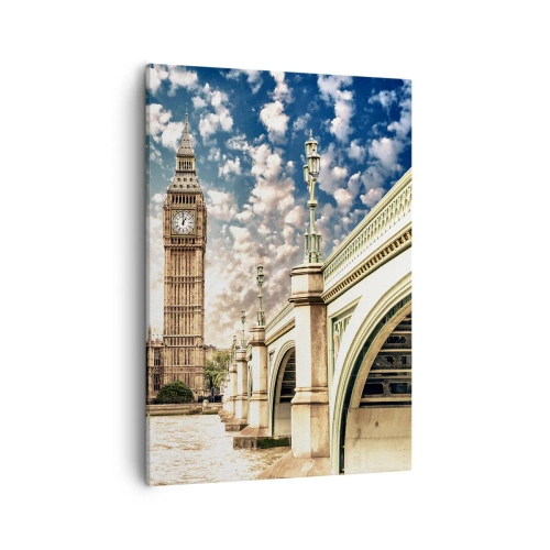 Bild auf Leinwand - Leinwandbild - Big Ben und Westminster Bridge im Sonnenlicht in London - 50x70cm - Federwolken über der Themse - Moderne Wanddekoration für Wohnzimmer und Schlafzimmer ARTTOR
