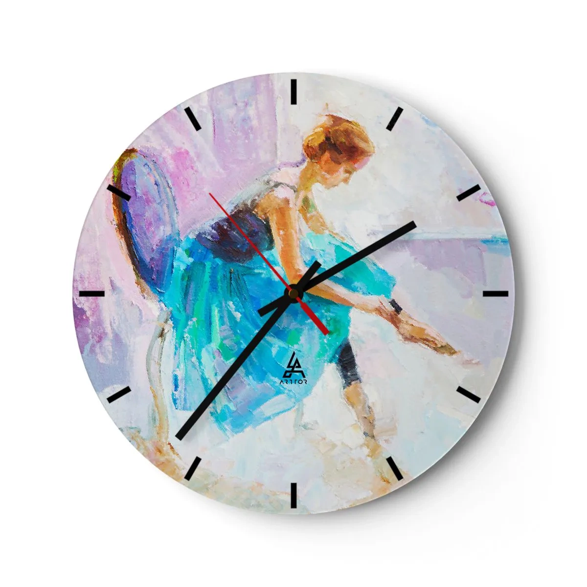 Wanduhr - Glasuhr - Künstlerische Darstellung einer Ballerina in Pastellfarben - 30x30cm - Unbeschreibliche Anmut, subtiler Charme - Moderne Wanddekoration für Wohnzimmer, Küche und Schlafzimmer ARTTOR
