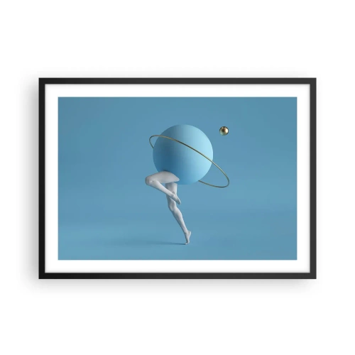 Poster in einem schwarzem Rahmen - Eine blaue Kugel mit einer Umlaufbahn und menschlichen Beinen vor dem Himmel - 70x50cm - Und die Planeten spielen verrückt - Moderne Wanddekoration für Wohnzimmer und Schlafzimmer ARTTOR