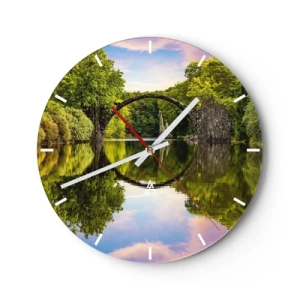 Wanduhr - Glasuhr - Die Rakotzbrücke spiegelt sich im Wasser - 30x30cm - An der Kreuzung zweier Welten - Moderne Wanddekoration für Wohnzimmer, Küche und Schlafzimmer ARTTOR