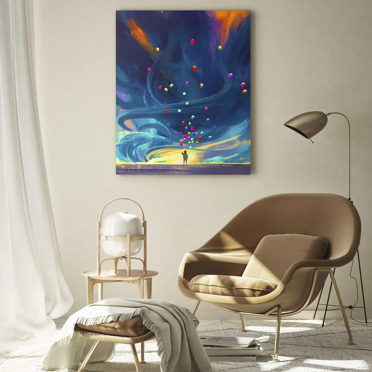 Glasbild - Bild auf glas - Eine Person hält bunte Luftballons vor einem blauen Windhintergrund. - 50x70cm - Zum blauen Wind - Moderne Wanddekoration für Wohnzimmer und Schlafzimmer ARTTOR