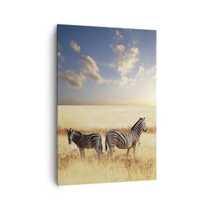 Bild auf Leinwand - Leinwandbild - Zwei Zebras in der Savanne in den Strahlen der untergehenden Sonne - 70x100cm - Geh weg, sei nicht in Frieden - Moderne Wanddekoration für Wohnzimmer und Schlafzimmer ARTTOR
