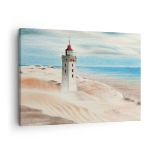 Bild auf Leinwand - Leinwandbild - Ein Leuchtturm, umgeben von Sanddünen und blauem Himmel - 70x50cm - Immer aufs Meer starrend - Moderne Wanddekoration für Wohnzimmer und Schlafzimmer ARTTOR