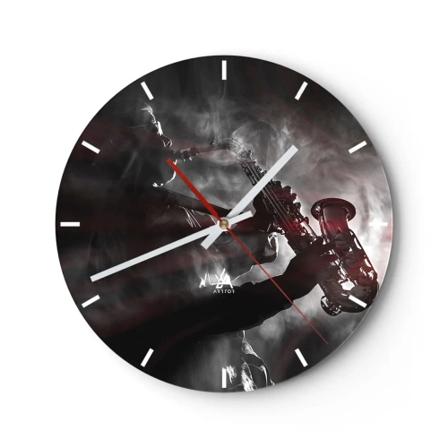 Wanduhr - Glasuhr - Saxophonist im Rauch im Schwarz-Weiß-Stil - 30x30cm - In den Dämpfen des Jazz - Moderne Wanddekoration für Wohnzimmer, Küche und Schlafzimmer ARTTOR