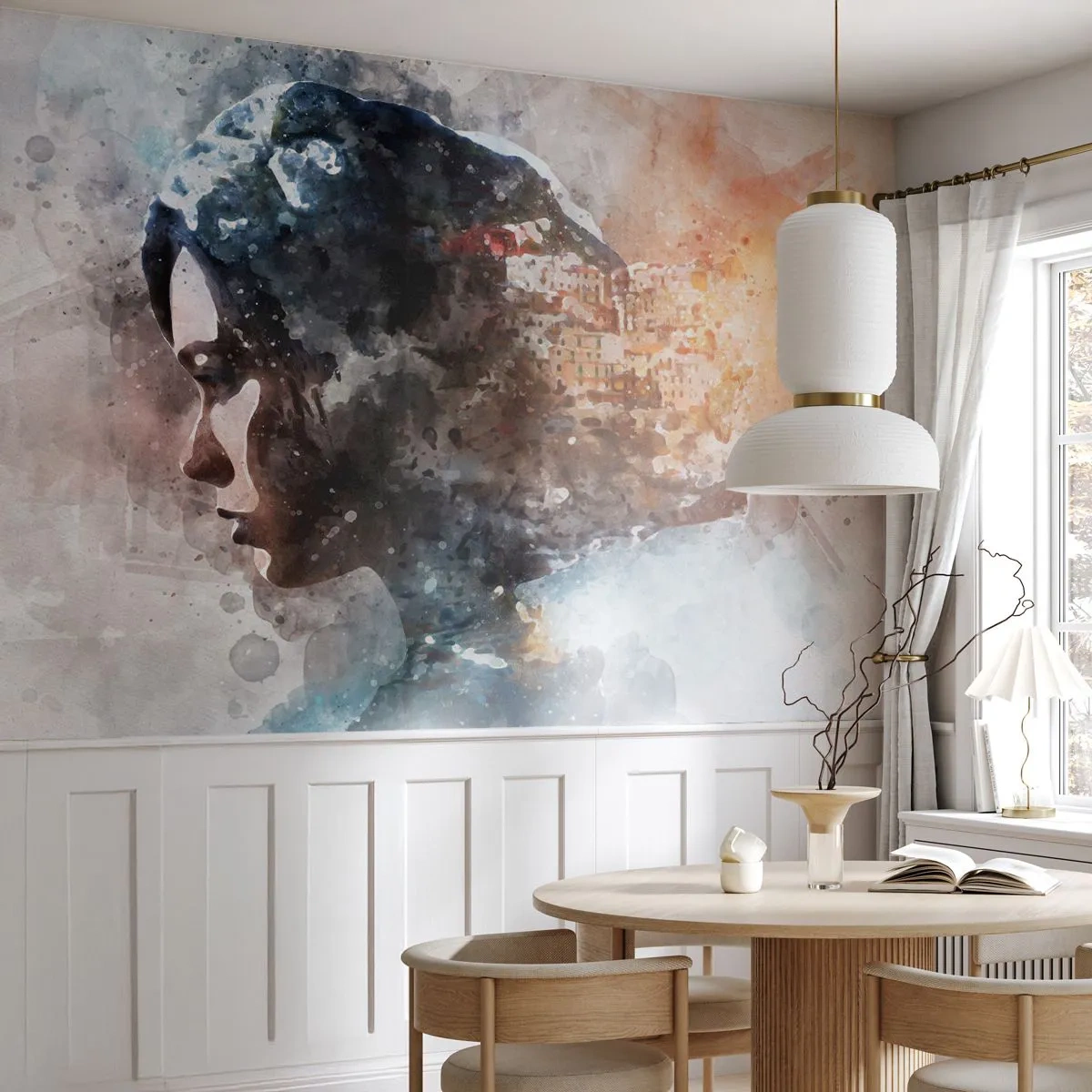 Fototapete Premium Canvas - Eine Geschichte über ein Mädchen mit einer Stadt im Hintergrund - Abstraktion, Frau, Die Architektur - 400x280 cm