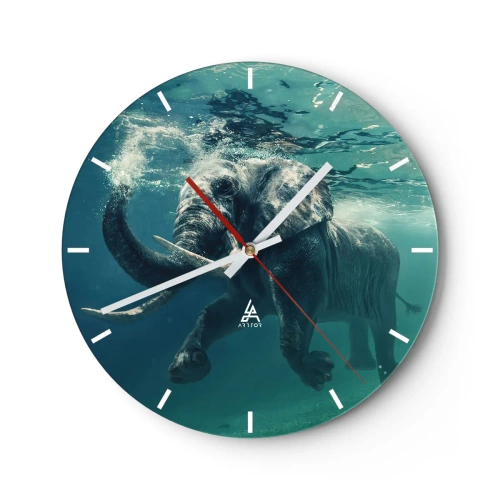 Wanduhr - Glasuhr - Ein Elefant, der in seiner natürlichen Umgebung unter Wasser schwimmt - 30x30cm - Jeder schwimmt gerne - Moderne Wanddekoration für Wohnzimmer, Küche und Schlafzimmer ARTTOR