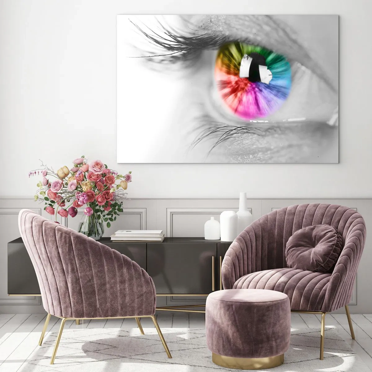 Glasbild - Bild auf glas - Bunte Iris auf einem schwarz-weißen Hintergrund - 70x50cm - Schau dir die Welt in Farbe an - Moderne Wanddekoration für Wohnzimmer und Schlafzimmer ARTTOR