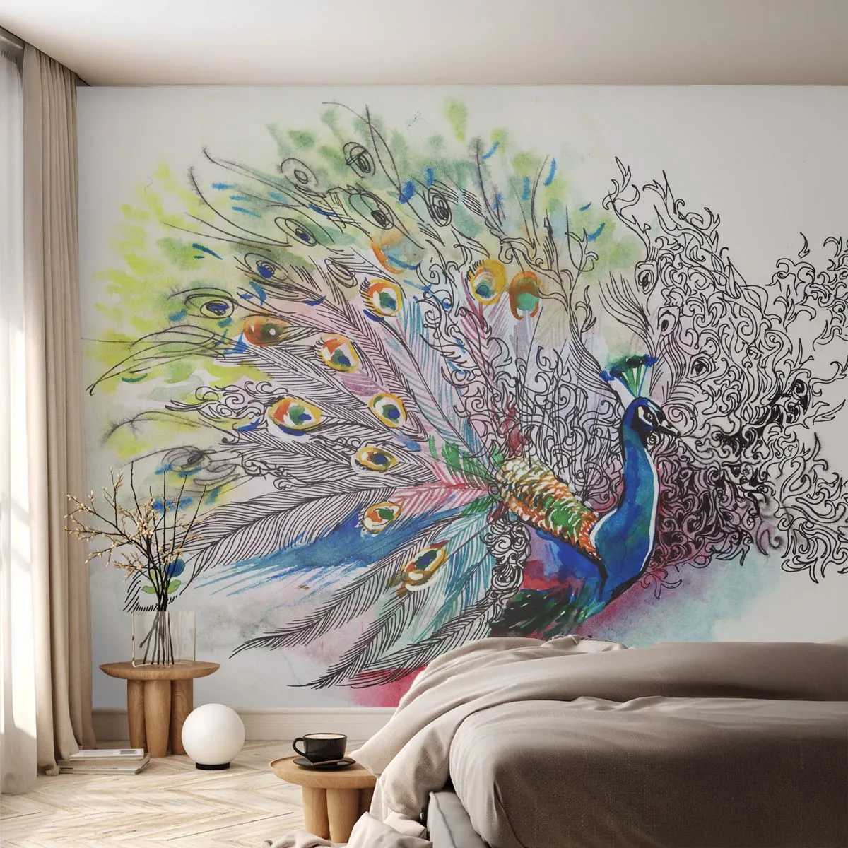 Fototapete Premium Sand - Aquarell-Illustration eines Pfaus mit einem ausgefallenen Schwanz - 100x70cm - Mit Stolz gegen Grau - Moderne Wanddekoration für Wohnzimmer und Schlafzimmer ARTTOR